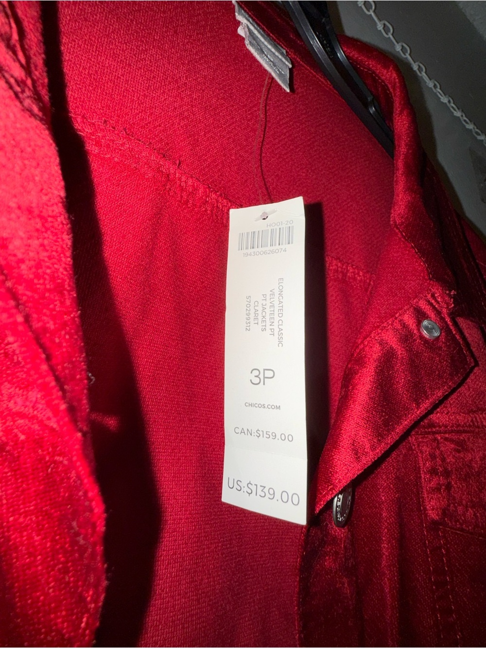 NWT CHICO'S Elongated Classic Velveteen Jacket Red Button Up Stretch Size 3P - Picture 9 of 11